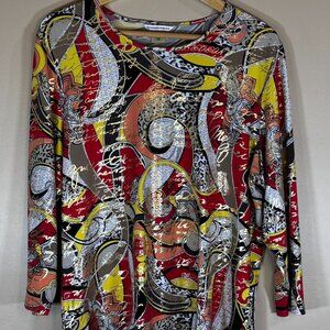 #172 Women's Allison Daley Gold Metallic Print Top, Size Large